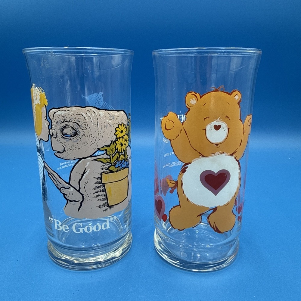 Vtg Mix Lot ET Pizza Hut Glasses Set of‎ 2 Care Bear Tender heart Libbey 80s